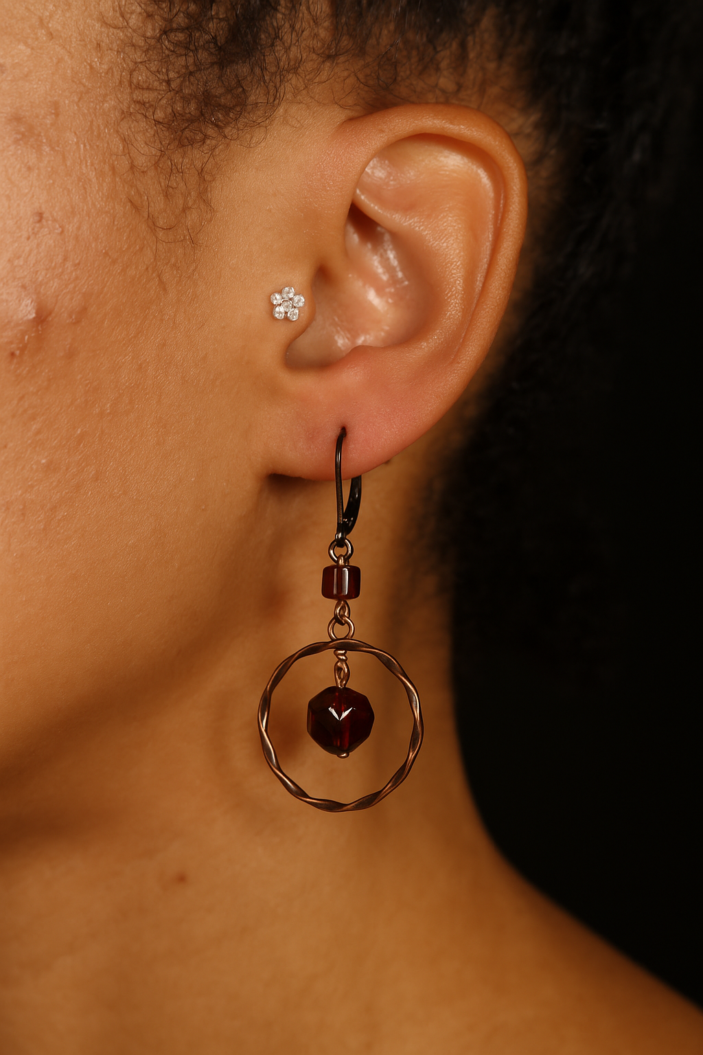 Garnet Glass and Copper Hood Dangle Earrings (Limited Edition)