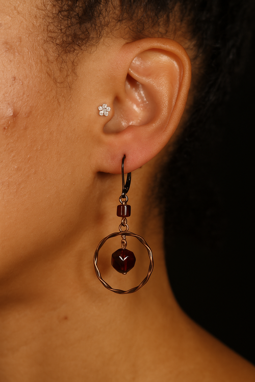 Garnet Glass and Copper Hood Dangle Earrings (Limited Edition)
